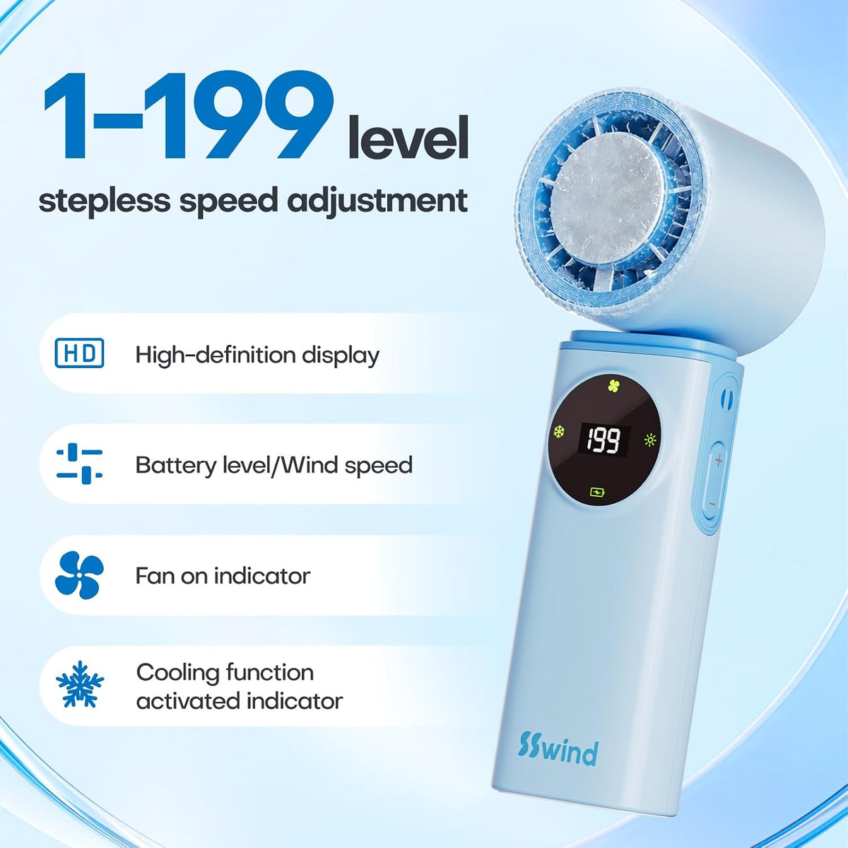 6000mAh Portable Handheld Fan with Ice Cooling, 199 Levels Stepless Speed, 20H Long Battery Life, 20000RPM Turbo Fan Rechargeable Personal Mini Fan for Travel, Outdoor, Makeup