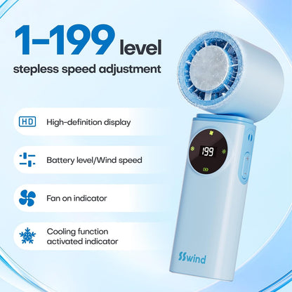 6000mAh Portable Handheld Fan with Ice Cooling, 199 Levels Stepless Speed, 20H Long Battery Life, 20000RPM Turbo Fan Rechargeable Personal Mini Fan for Travel, Outdoor, Makeup