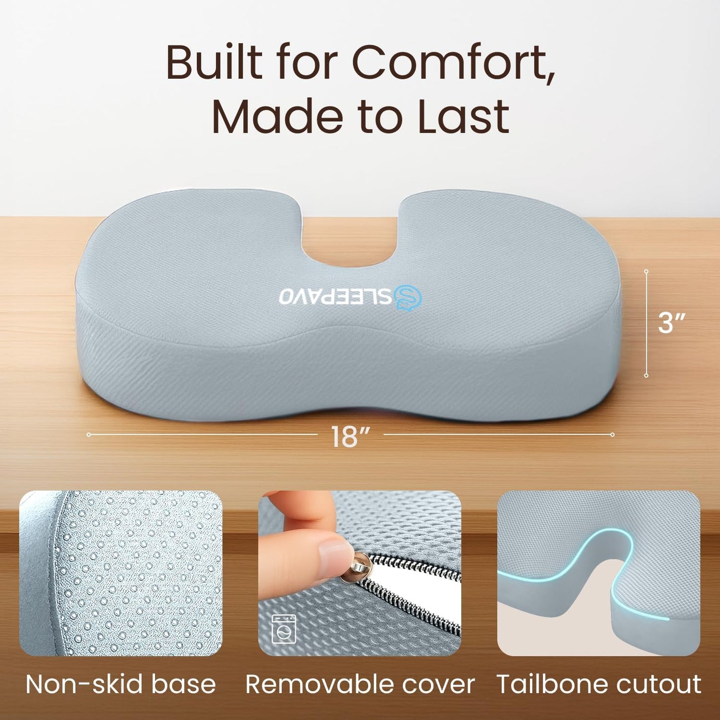 Sleepavo Office Chair Cushion - Seat Cushion for Tailbone Pain Relief - Butt Pillow for Coccyx, Sciatica, and Lower Back Pain - Orthopedic Chair Pad for Lumbar Support in Office Desk, Car, Airplane