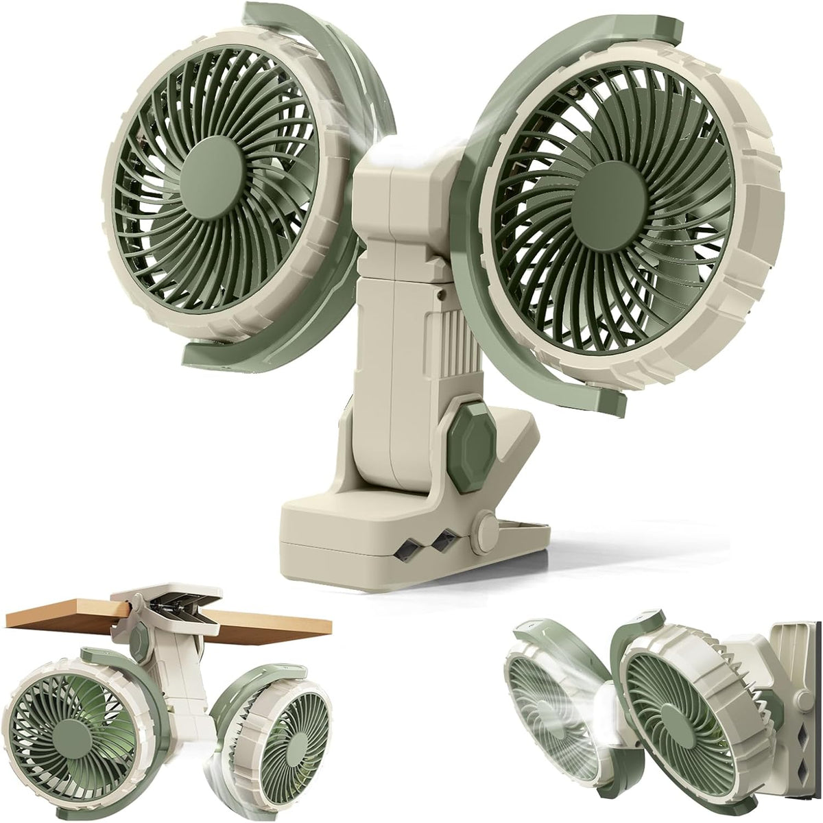 Dual Head Clip on Fan Battery Powered with Light,Portable USB Rechargeable Powerful Desk Table Fans,360°Rotation Cooling Clamp Fans for Car,Golf Cart,Treadmill,Kitchen,Outdoor Travel Camping(Black)