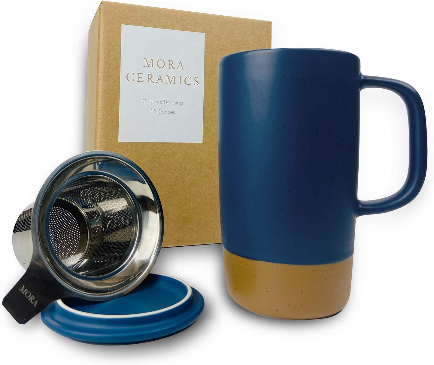 Mora Ceramics Large Tea Mug with Loose Leaf Infuser and Ceramic Lid, 18 oz, Portable, Microwave and Dishwasher Safe, Tall Coffee Cup - Rustic Matte Ceramic Glaze, Modern Herbal Tea Strainer, Olive