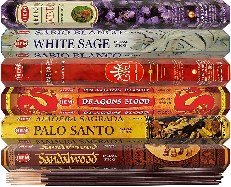 Hem Incense Sticks Variety Pack #23-120 Insence-Sticks (6 Incents x 20 Insense) + Incense Stick Holder with 6 Most Liked Scents Including Patchouli Dragons Blood White Sage Frankincense-Myrrh