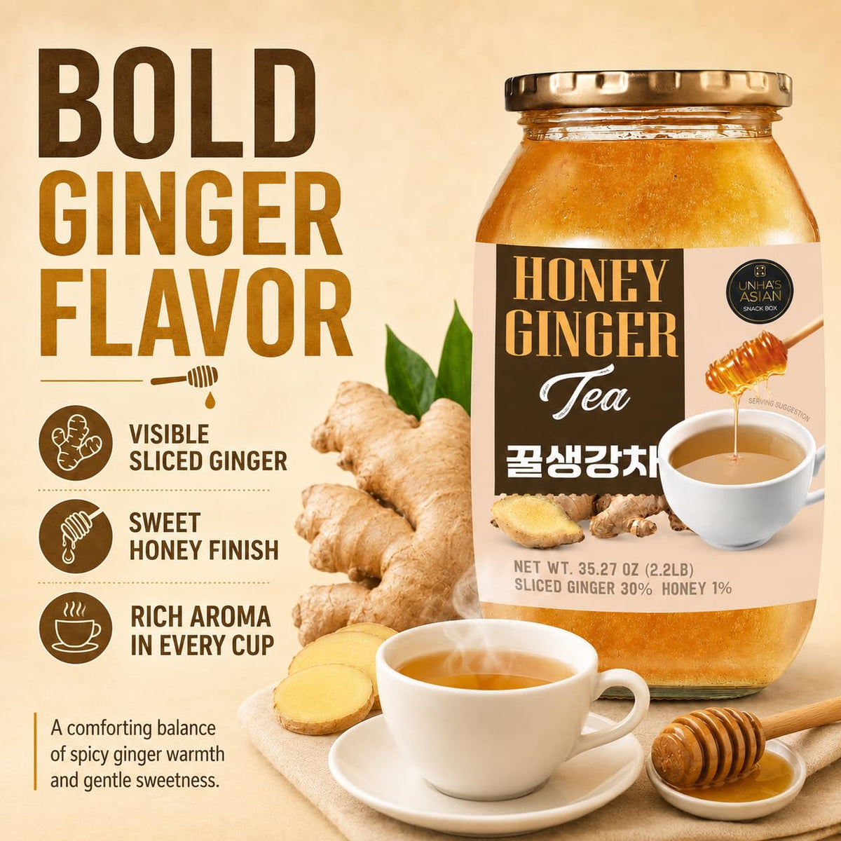Unha's Korean Honey Ginger Tea, Sliced Ginger, 35.27 oz