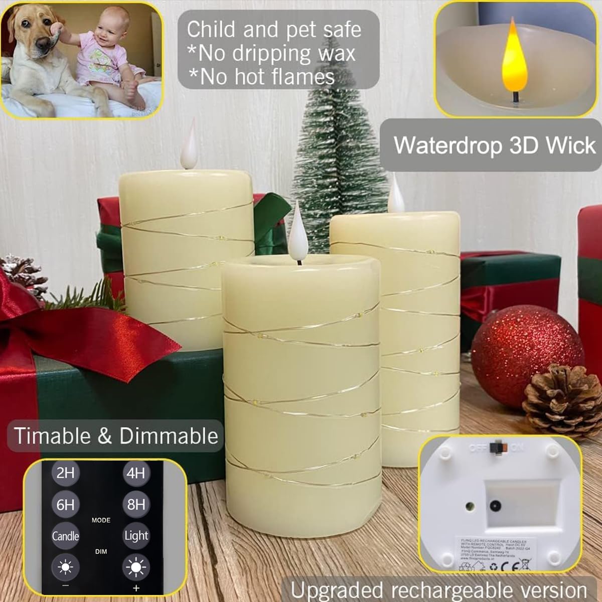 LEDHOLYT Rechargeable Flameless Glass Pillar Candles–Gifts for Women,–Set of 3, Realistic Flickering LED Flame,Remote & Timer, Ideal for Living Room, Bedroom & Halloween Festival Home Party Decor
