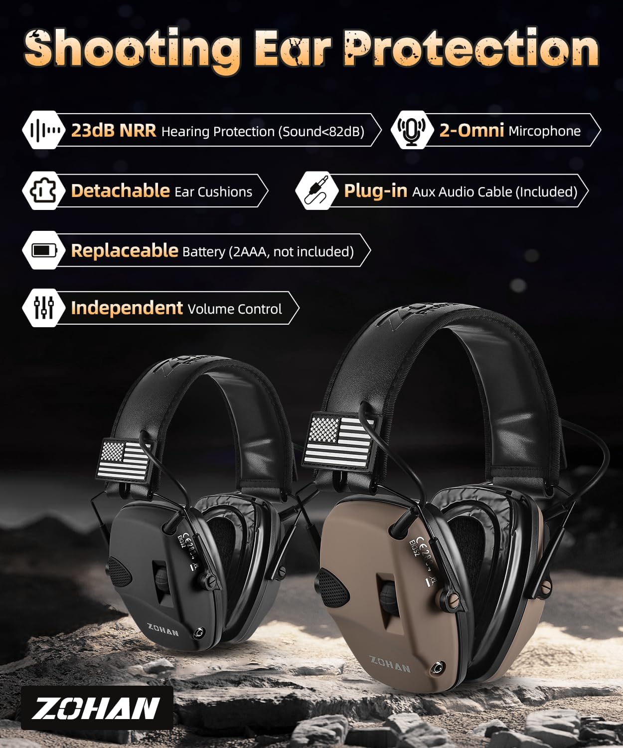 ZOHAN Electronic Shooting Earmuffs Built in Ambient Sound Amplifier, Hearing Protection for Shooters, NRR 23dB Noise Reduction, Ideal Gun Range Ear Protection Headphones for Hunting-Black&Purple