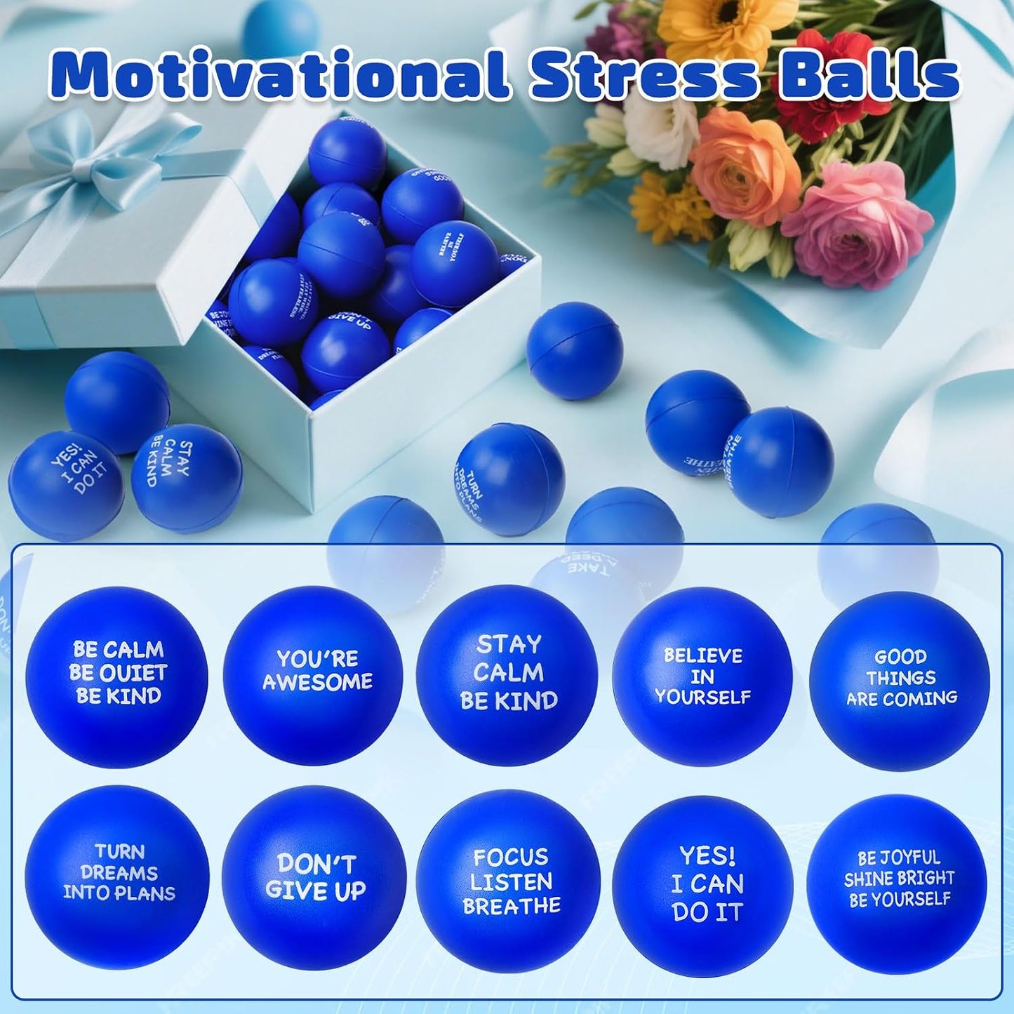 SHQDD 100PCS Motivational Stress Balls for Adults and Kids - Stress Balls Bulk Soft Sponge Squeeze Toys with Inspirational Quotes | Office Classroom Stress Relief Gifts | Anxiety Relief Fidget Toys