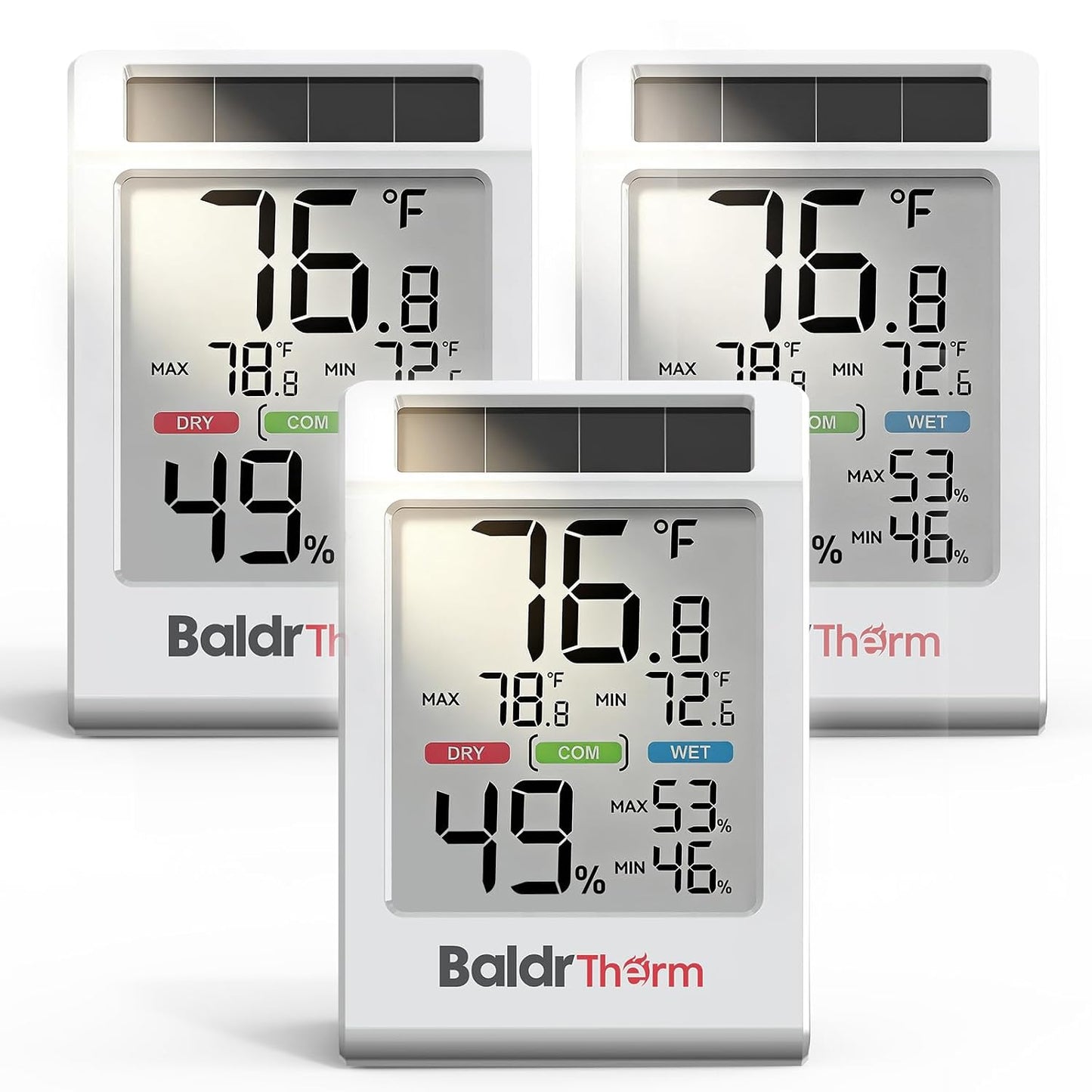 BALDR Indoor Thermometer Hygrometer, Solar Power with Battery Backup, Large Display, Daily Max/Min & Comfort Indicator Humidity Meter (White)