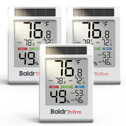 BALDR Indoor Thermometer Hygrometer, Solar Power with Battery Backup, Large Display, Daily Max/Min & Comfort Indicator Humidity Meter (White)