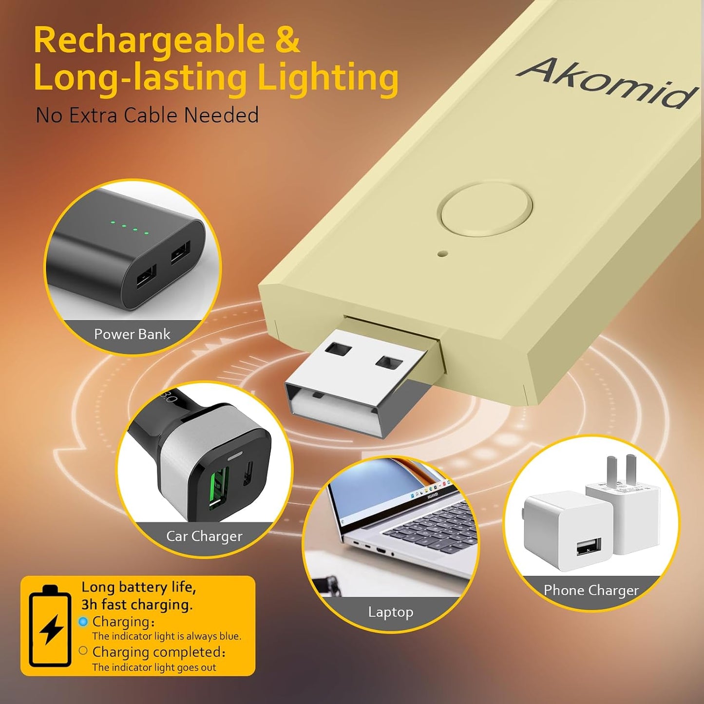 Akomid USB Rechargeable Book Light for Reading in Bed, 8 LEDs Bookmark Style Clip on, Eye-Cared Amber Light Mode for Kids, Blue Light Blocking, Stepless Dimming,Khaki