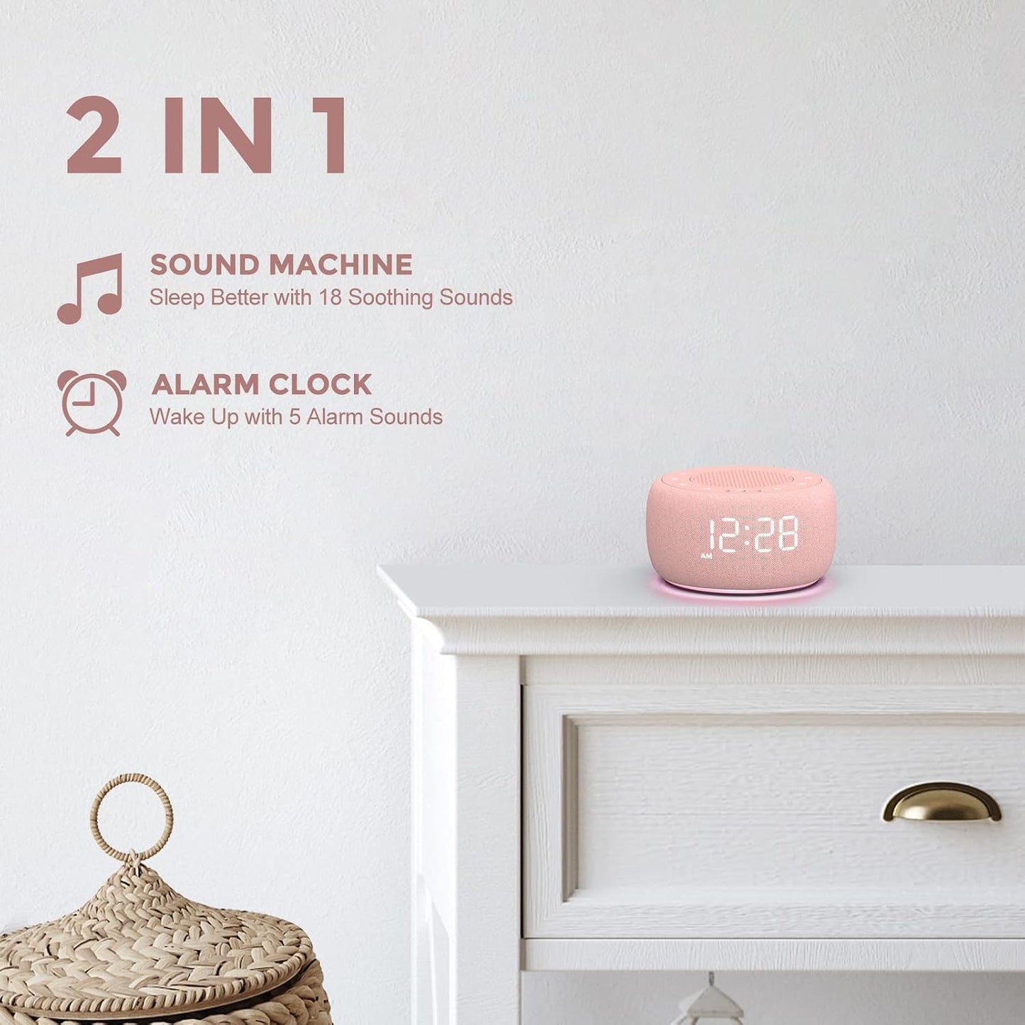 Buffbee Alarm Clock with Sound Machine for Bedrooms – 2-in-1 White Noise Machine for Sleep, Gentle Wake-Up with Soft Alarm Sounds, Ambient Night Light, Plug-in, Sleep Better, Wake Gently