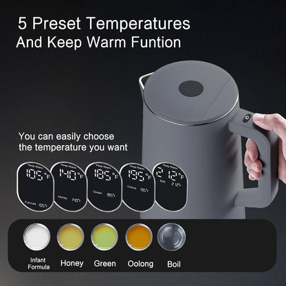 1.5L Electric Kettle Stainless Steel Double Wall Cold Touch Tea Kettle, Quick Boil, 5 Temperature Control, LED Display, Auto Shutoff, Warm Function, Green