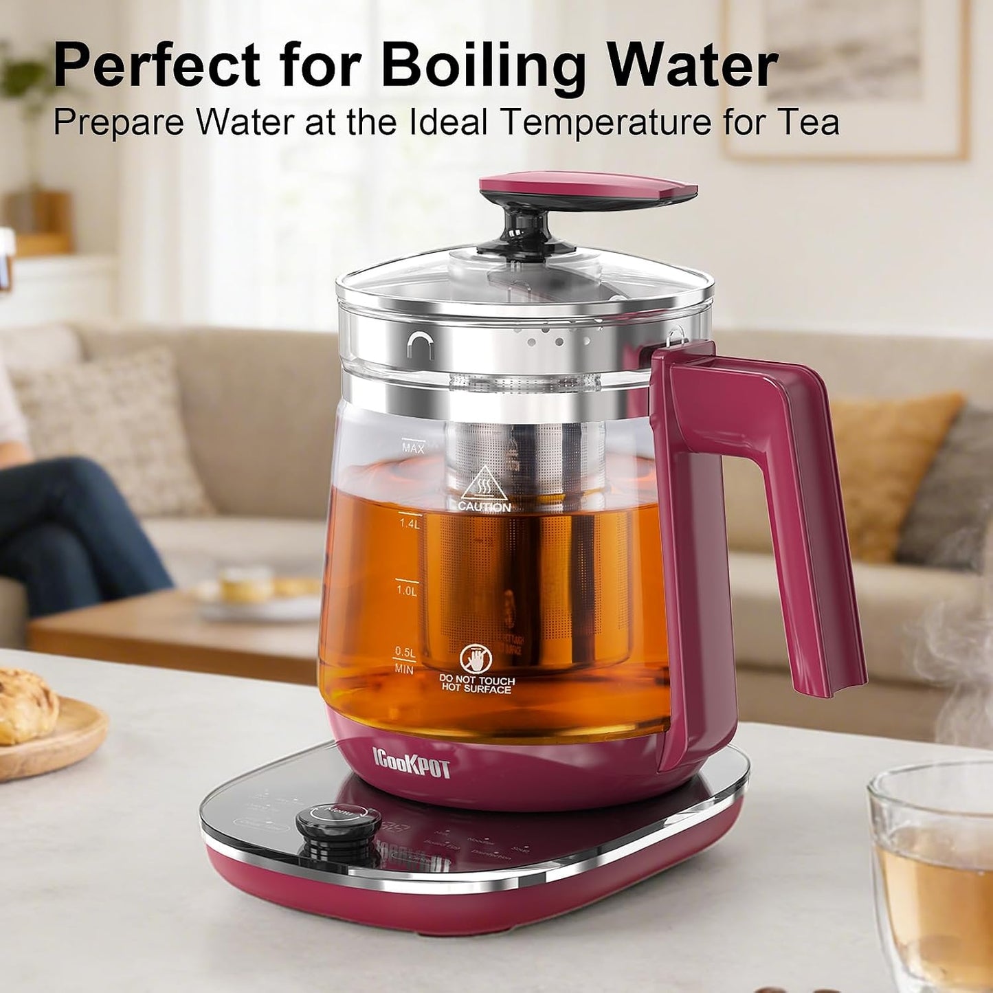 Electric Kettle 1.5L Borosilicate Glass, 1200W Temperature Control Tea Kettle with Auto Shut-Off & Boil-Dry Protection, BPA-Free Stainless Steel Base, Fast Boil for Coffee & Keep Warm, White