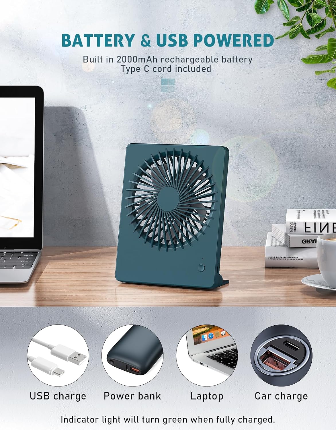 Zuvas Desk Fan Battery Operated Fan Rechargeable 180°Tilt Folding Personal Fan Ultra Quiet Small Portable 3 Speed Adjustable Strong Wind Fan For Office Bedroom Home Desktop Camping (White)