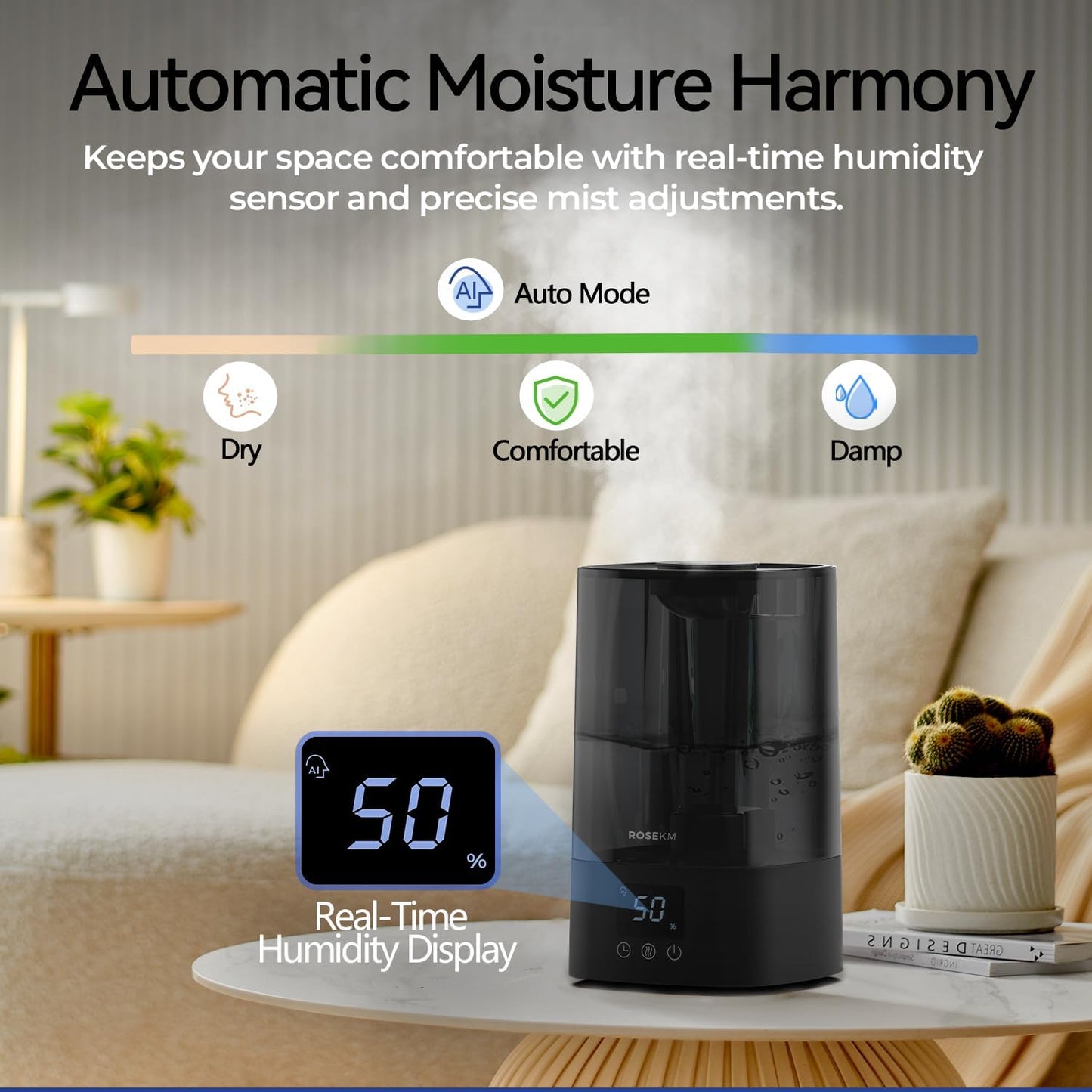 ROSEKM Humidifiers for Bedroom (1.1L), Small Cool Mist Humidifier for Home Plant and Baby Nursery, Quiet Ultrasonic Humidifier with 360° Nozzle, Auto Shut-Off, Filterless, Black