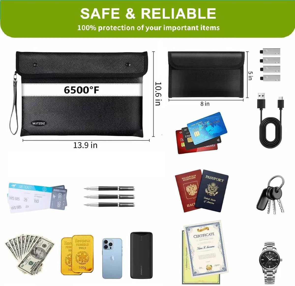 Upgraded 6500° Fireproof Money Bag for Cash,11.2"×7.7"& 8"×5"Small Fire Proof Money Bag for Cash with Reflective Strips,Portable Fire Safe Bag for Passports,Cash,Power Bank,Valuables
