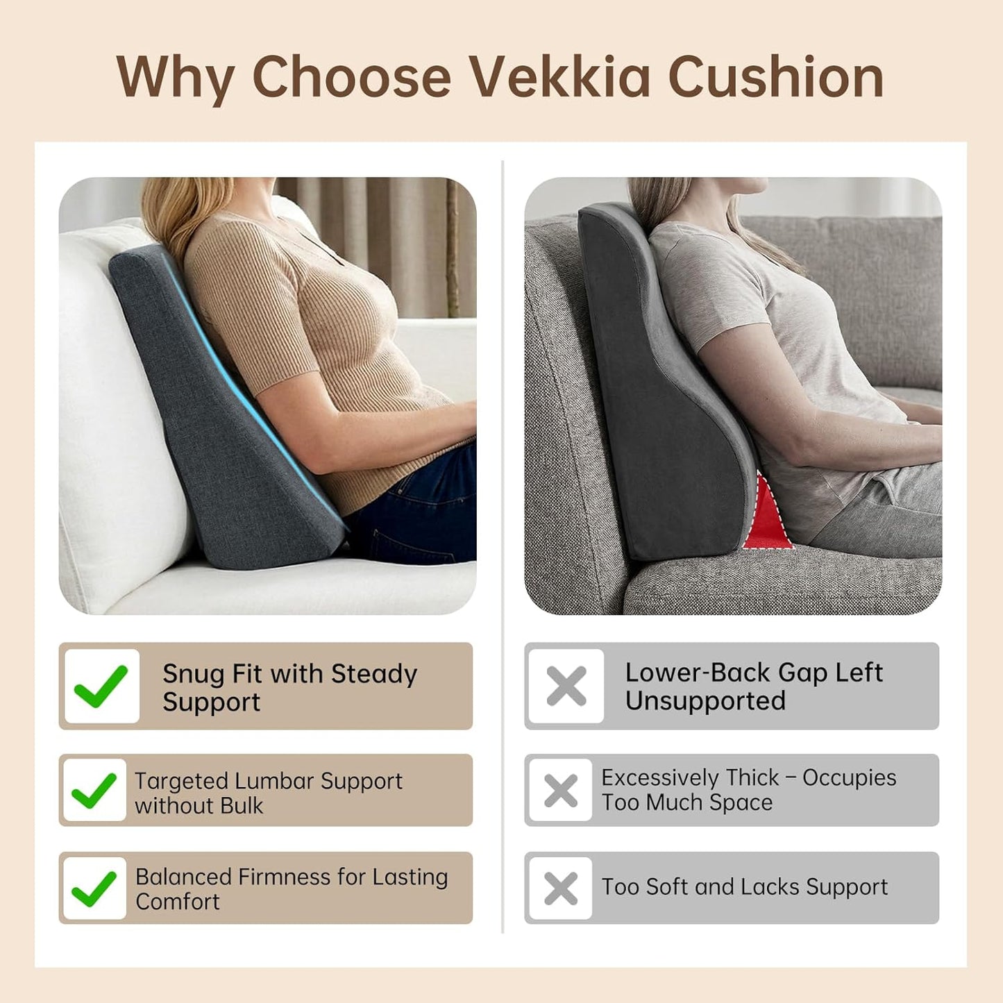 Vekkia Lumbar Support Pillow for Recliner - Couch Back Support Pillow for Lower Back Pain Relief, Lumbar Cushion for Sofa, Accent Chair & Armchair, Recliner Cushions for Elderly, Washable Cover (Gray)