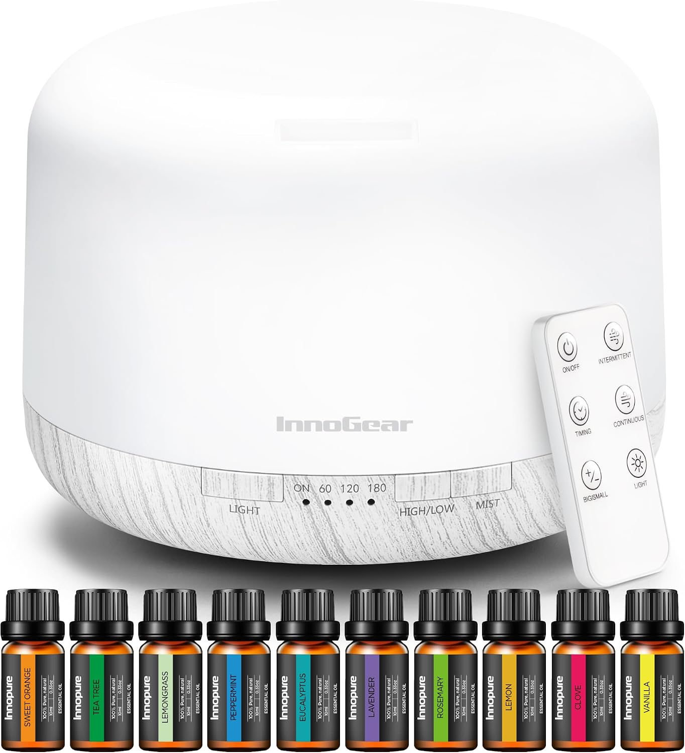 InnoGear Aromatherapy Diffuser & 10 Essential Oils Set, 500ml Essential Oil Diffuser with Remote Control Mother's Gift Ultrasonic Cool Mist Scent Humidifier Vaporizer Auto-Off Timer for Home, Yellow