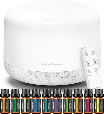 InnoGear Aromatherapy Diffuser & 10 Essential Oils Set, 500ml Essential Oil Diffuser with Remote Control Mother's Gift Ultrasonic Cool Mist Scent Humidifier Vaporizer Auto-Off Timer for Home, Yellow