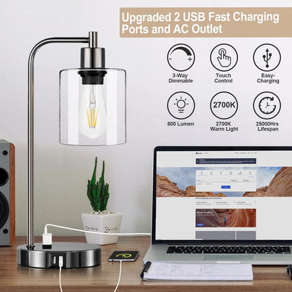 Set of 2 Industrial Touch Control Table Lamps with USB C+A Ports and AC Outlet - 3-Way Dimmable Black Bedside Lamps Nightstand Desk Lamps for Bedroom Living Room, Glass Shade & 2 LED Bulbs Included