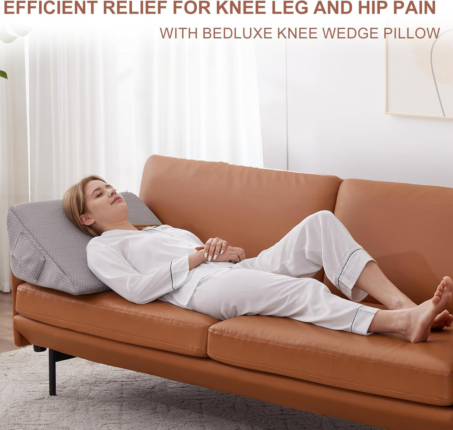 Bedluxe Knee Pillow for Back Sleeping, Leg Pillow Knee Wedge Pillow, Memory Foam Wedge Pillows for Legs Post Surgery, Triangle Pillow for Knee Support, Leg Elevation, Knees Hip Back Pain Relief, White