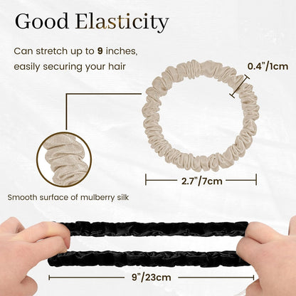 22 Momme 6PCS 100% Mulberry Silk Hair Ties Small Silk Scrunchies for Women Girls Curly Thick Thin Hair .Women's Black Cute Satin Sleepy Bulk Hair Tie Scrunchie Sleep