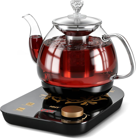HHT Electric Tea Maker with Infuser, ±1℉ Precise Temperature Control, Glass Electric Kettle for Herbal,Flowers,Fruit Tea and Loose Leaf,BPA-Free,Auto Shut-Off,Brewing Program,Keep Warm,0.8L Black