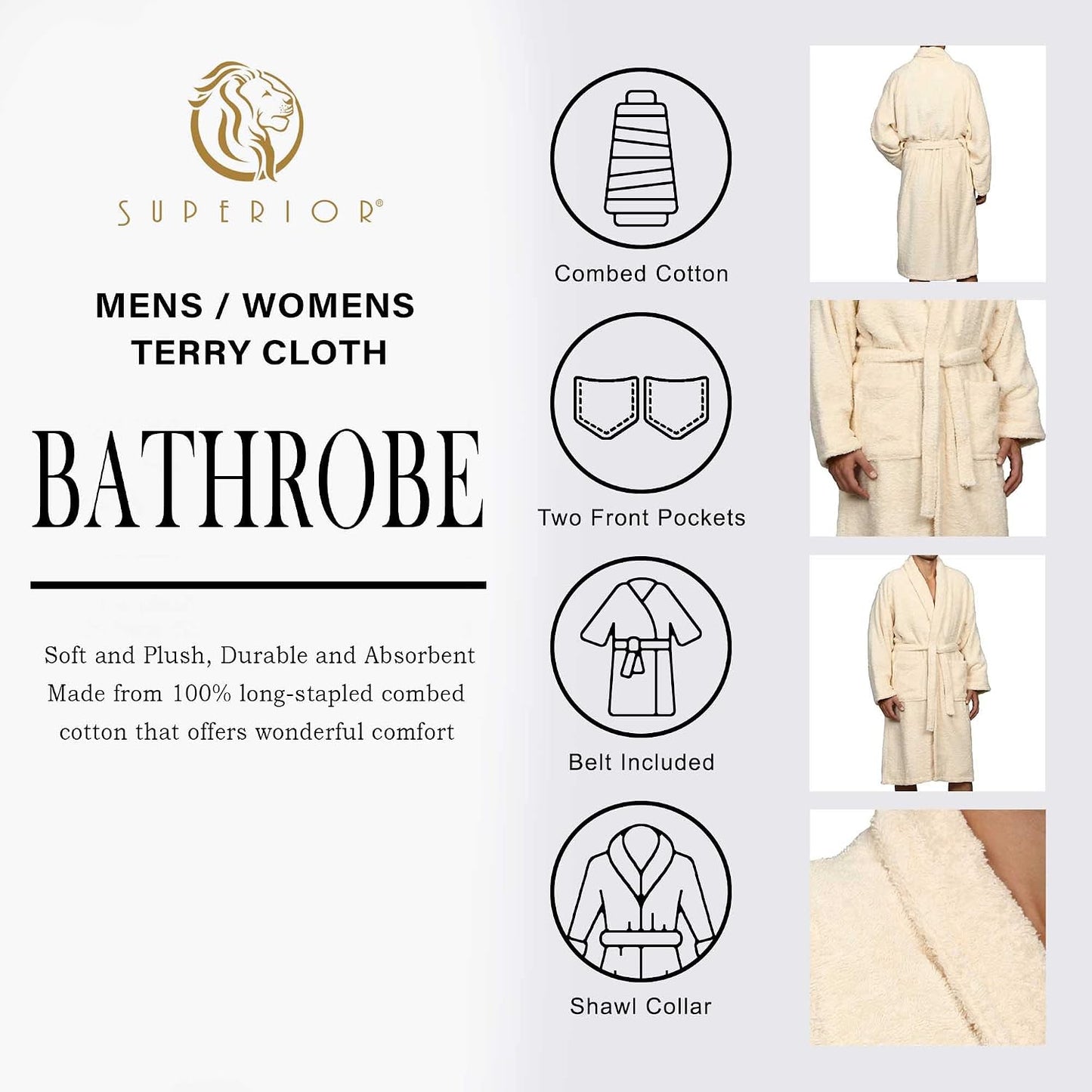 Cotton Unisex Terry Robe, Soft And Absorbent Robes For Men And Women, Bathroom Accessories