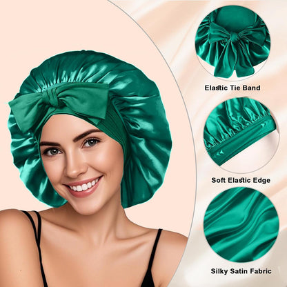 2Pcs Silk Hair Satin Bonnet for Sleeping Women,Large Satin Sleep Bonnets for Women with Elastic Tie Band Silk Hair Wrap with Ajustable Straps,Night Sleep Cap for Curly Braids,Black+Rose Gold