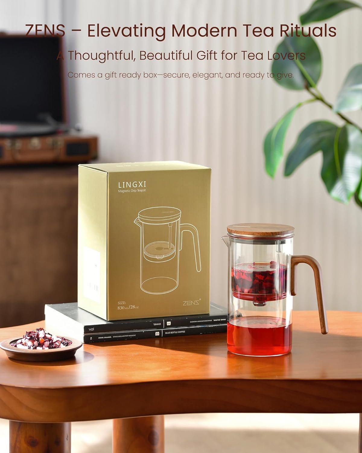ZENS Magnetic Tea Pot, Enchanted Glass Teapot with Infuser and Magnetic Suction Lid for Mess-Free Loose Tea Diffusers, Walnut Wood Handle, Tea Lovers Gifts
