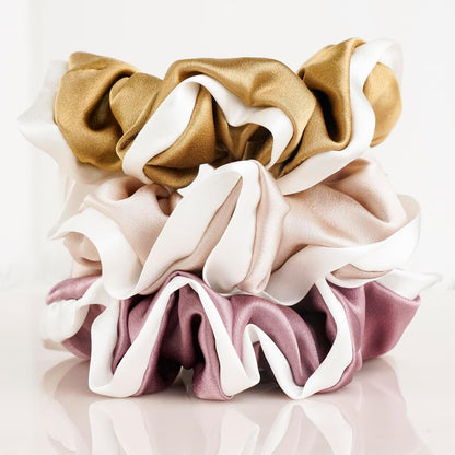 Silk Scrunchies for Hair 100% Mulberry Silk Hair Ties 3 Pack(Black, Navy Blue, Emerald)