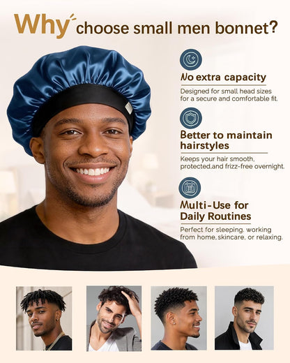 Yanibest Small Satin Bonnet for Men, Hair Bonnet for Short Hair Waves, Stay-on Night Cap, Daily Use for Sleeping Gym Outdoor, Black