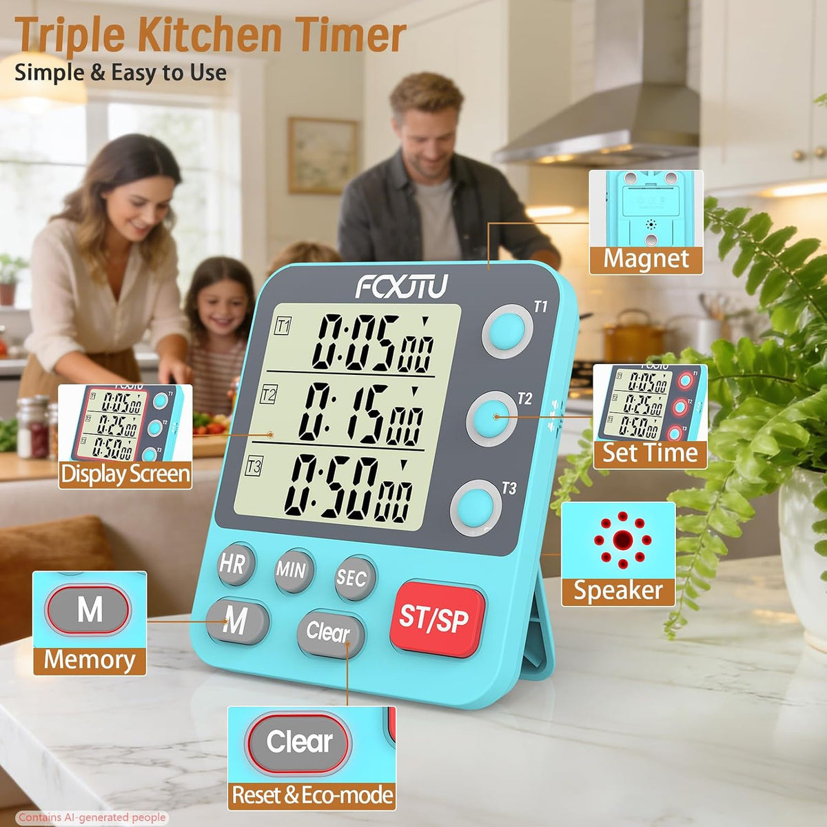 Digital Dual Kitchen Timer, 3-Channel Magnetic Countdown Timer for Cooking