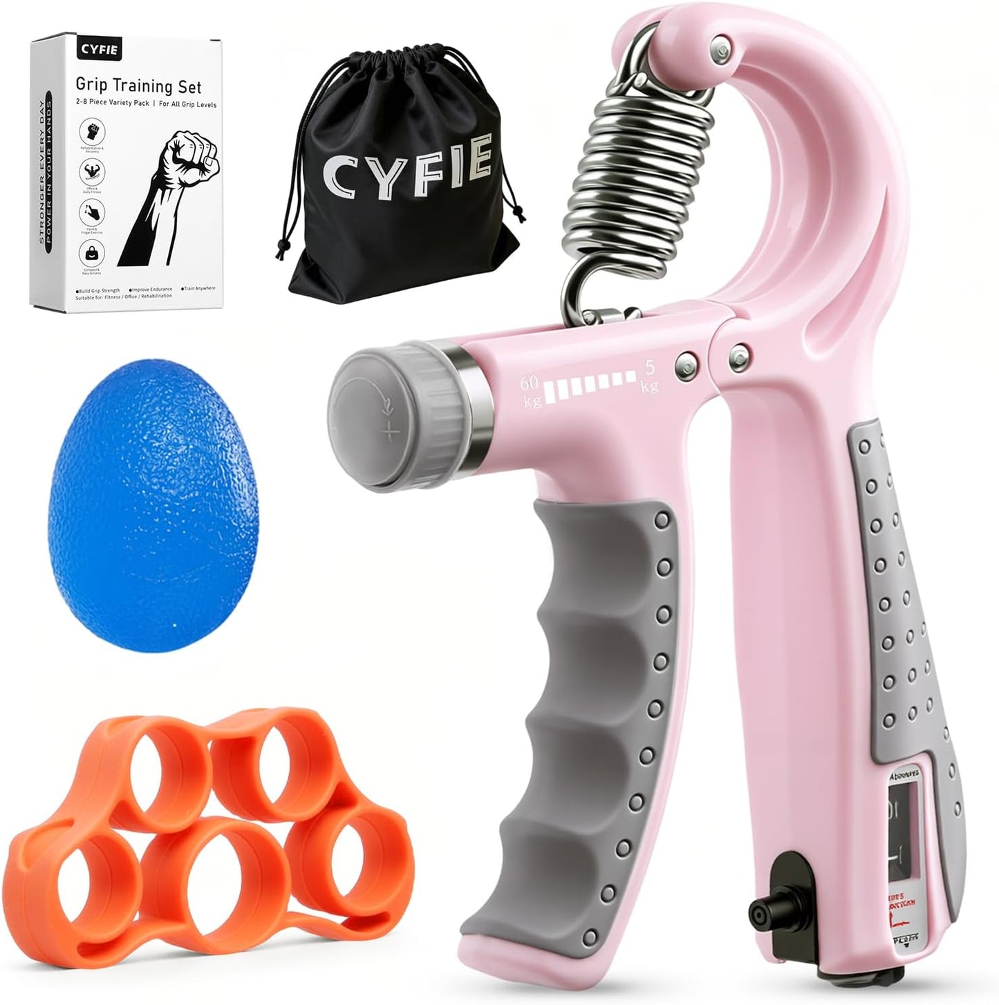 CYFIE Grip Strength Trainer Kit with Adjustable Resistance 10 - 132 Lbs, Forearm Exerciser, Finger Stretcher, Stress Ball, Forearm Strengthener for Workout wuth Storage Bag, Muscle Building and Recovery