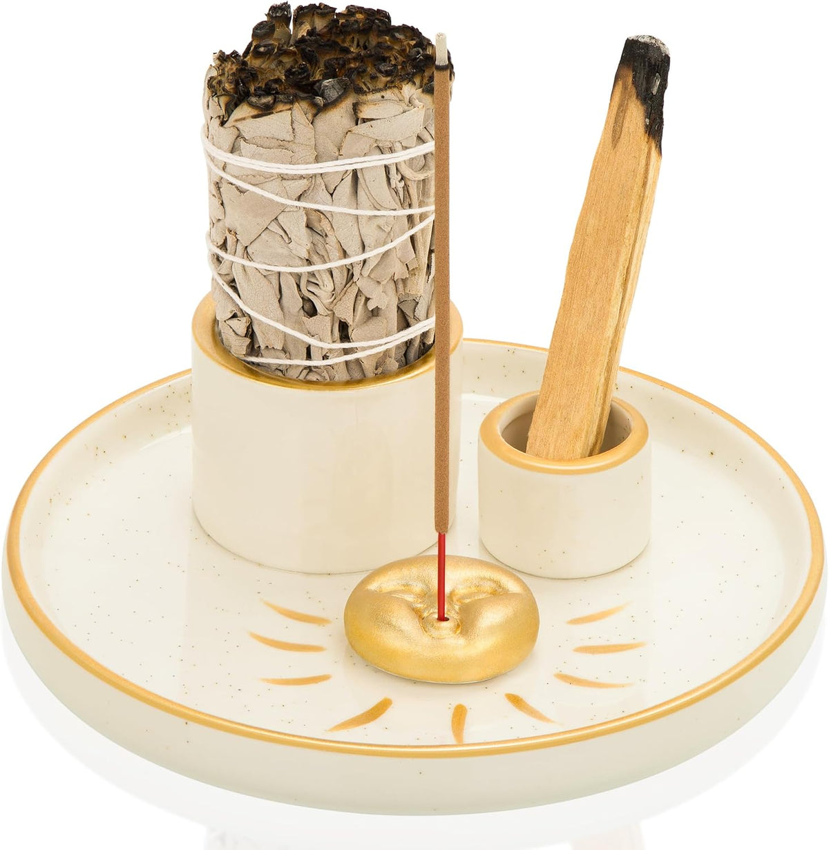ZenBless Multifunction Incense and Candle Holder for Burning Sage, Palo Santo, Incense Sticks - 5.9" Ceramic Ash Catcher Tray for Meditation Room Home Decor Spritual Gifts (Gold)