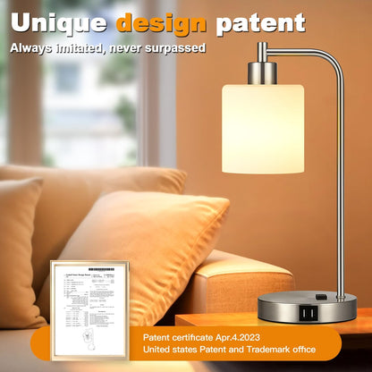 Set of 2 Industrial Touch Control Table Lamps with USB C+A Ports and AC Outlet - 3-Way Dimmable Black Bedside Lamps Nightstand Desk Lamps for Bedroom Living Room, Glass Shade & 2 LED Bulbs Included