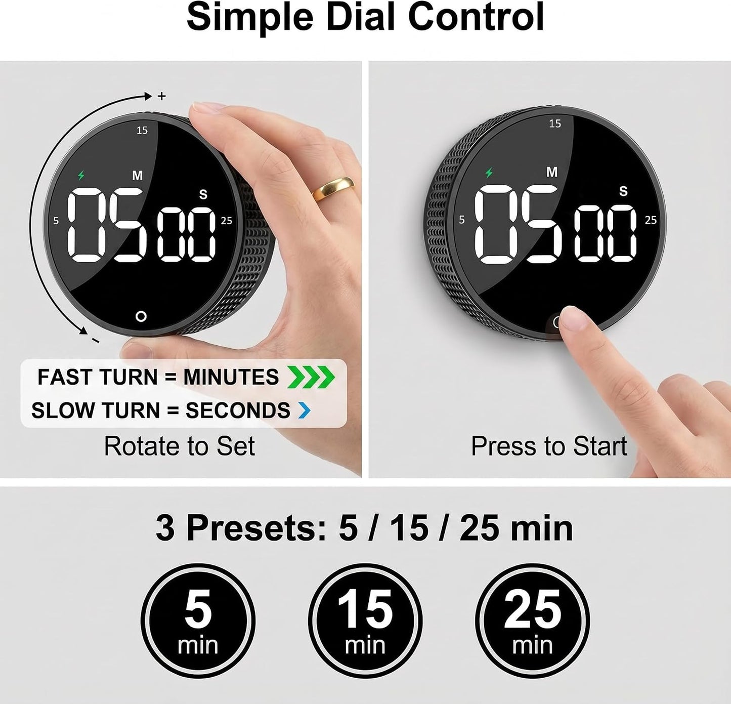 Rechargeable Magnetic Kitchen Timer, LED Countdown/Count-Up Timer, Supports USB-C Charging, with Loud Alarm, 3 Preset Quick Times (5/15/25m), Perfect for Kitchen Cooking, Studying, and Fitness