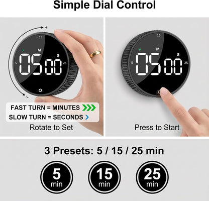 Rechargeable Magnetic Kitchen Timer, LED Countdown/Count-Up Timer, Supports USB-C Charging, with Loud Alarm, 3 Preset Quick Times (5/15/25m), Perfect for Kitchen Cooking, Studying, and Fitness