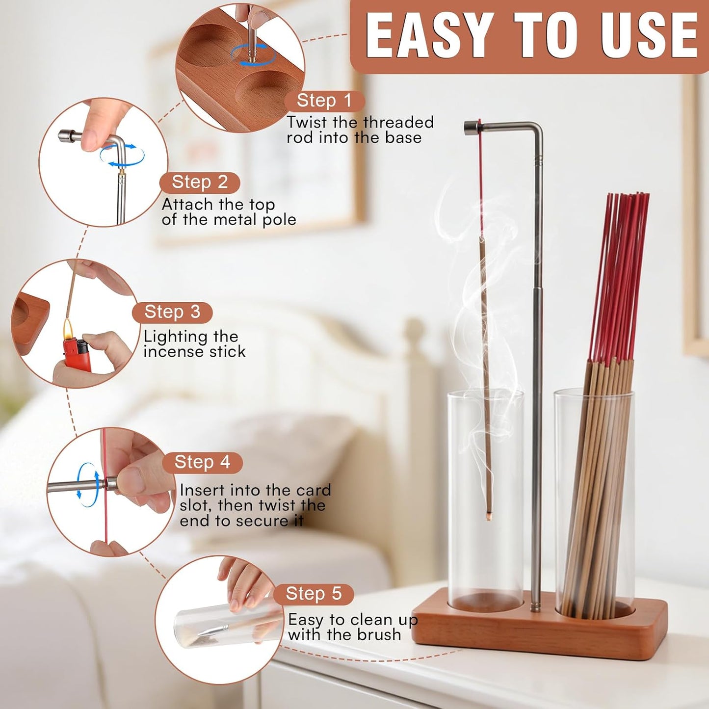 Incense Holder for Sticks, 2 in 1 Incense Sticks Burner with Glass Ash Catcher & Storage, Upside Down Incense Holder with Brush, Anti-Ash for Yoga Meditation Spa Outdoor Patio(Extends 8.7"-13.4")