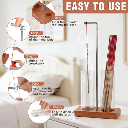 Incense Holder for Sticks, 2 in 1 Incense Sticks Burner with Glass Ash Catcher & Storage, Upside Down Incense Holder with Brush, Anti-Ash for Yoga Meditation Spa Outdoor Patio(Extends 8.7"-13.4")