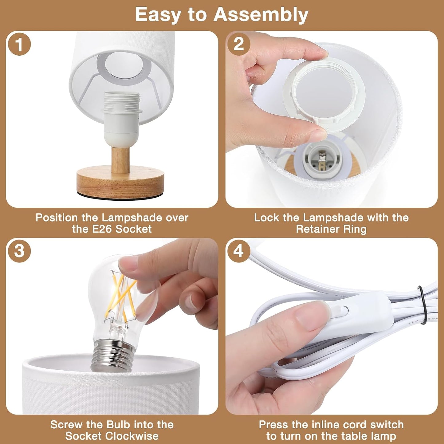 Fenmzee Small Table Lamp for Bedroom - Inline Control, Bedside Lamp with 3000K A15 LED Blub, Easy Assembly (Cream Shade - Wood Base, 9" Inline Control)