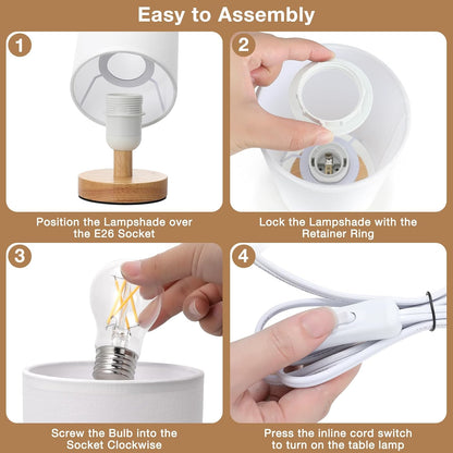 Fenmzee Small Table Lamp for Bedroom - Inline Control, Bedside Lamp with 3000K A15 LED Blub, Easy Assembly (Cream Shade - Wood Base, 9" Inline Control)