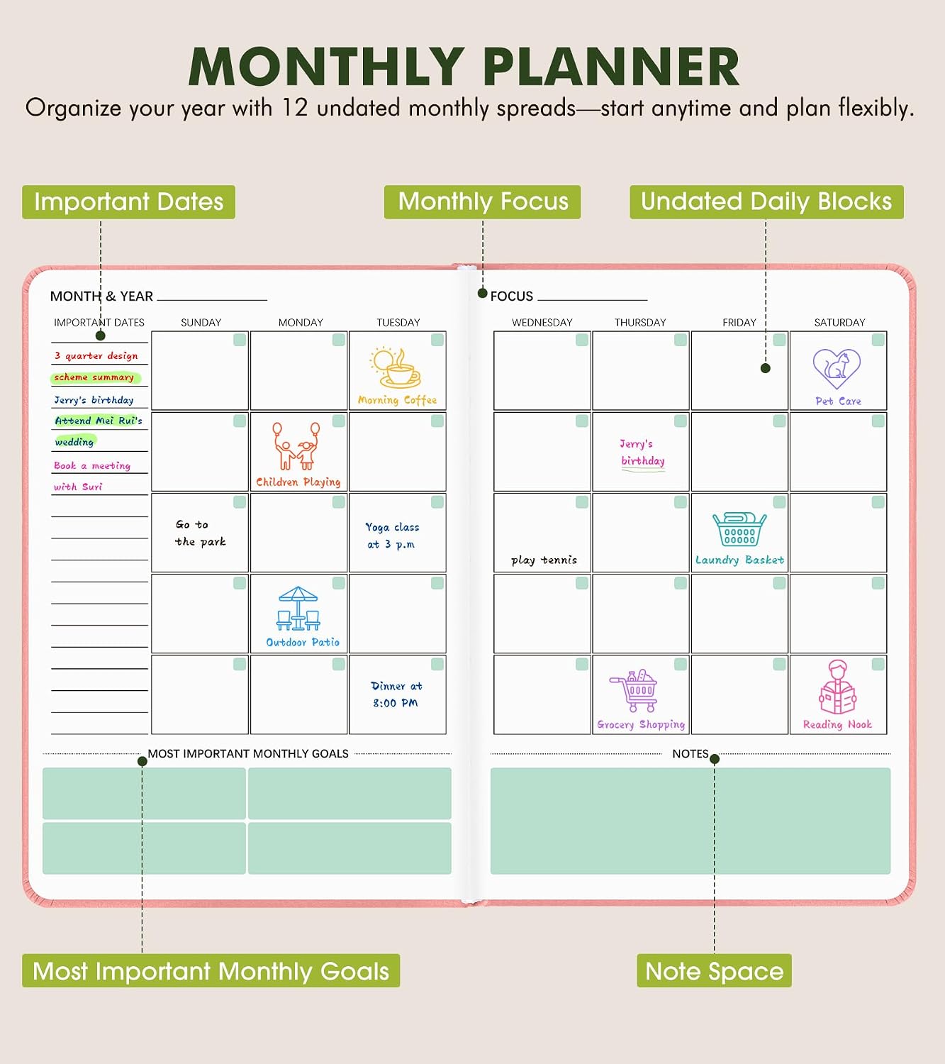 Undated Weekly and Monthly Planner, Hardcover Leather Calendar Blank Planner, Simplified To Do List Notebook with Goal & Habit Tracker Organizer, A5 Daily Weekly Planner for Work School Home, Black