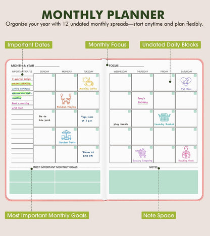 Undated Weekly and Monthly Planner, Hardcover Leather Calendar Blank Planner, Simplified To Do List Notebook with Goal & Habit Tracker Organizer, A5 Daily Weekly Planner for Work School Home, Black