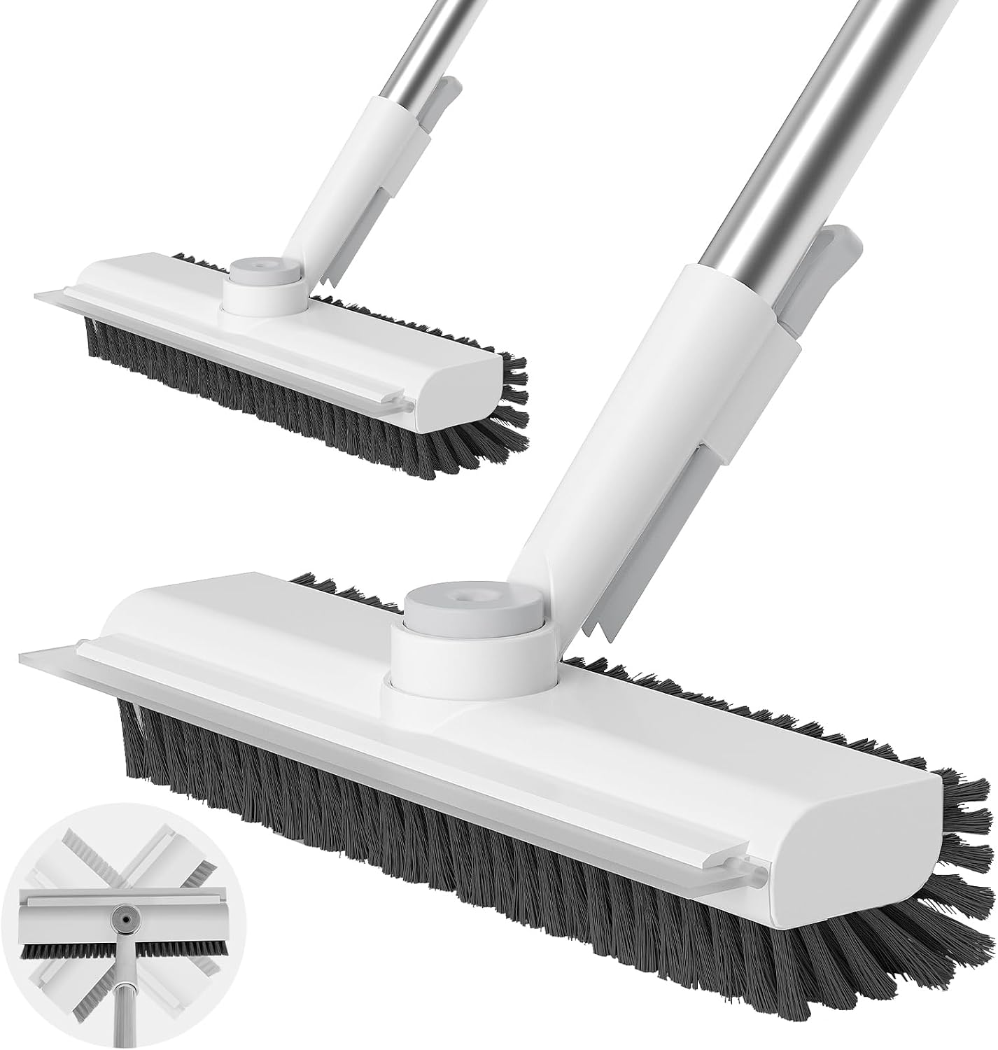Floor Scrub Brush with Long Handle, 3 in 1 Scrape and Heavy-Duty Stiff Bristle Scrubber Brush Broom for Cleaning Shower Bathroom, Patio, Pool, Garage, Kitchen, Wall and Deck (White, 1 Pack)