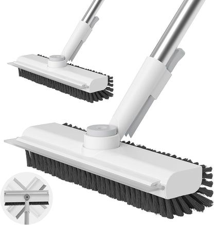 Floor Scrub Brush with Long Handle, 3 in 1 Scrape and Heavy-Duty Stiff Bristle Scrubber Brush Broom for Cleaning Shower Bathroom, Patio, Pool, Garage, Kitchen, Wall and Deck (White, 1 Pack)