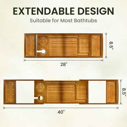 Teak Bathtub Tray - Luxury Bath Tray with Expandable Handles, Wine Glass and Phone Holders, Book Stand - Perfect for Home Spa Relaxation and Reading - Natural Bath Accessories - Dark Walnut Color