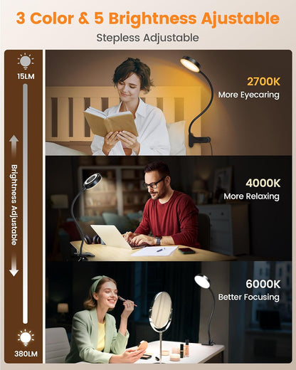 Glocusent Clip on Light, 72 LEDs Clip on Lamp with Amber Night Light, 3 Colors & 5 Brightness Bed Lamp, 30/60-Min Auto Off Timer, Perfect Eye Caring Reading Lamps for Bed/Headboard/Table/Desk
