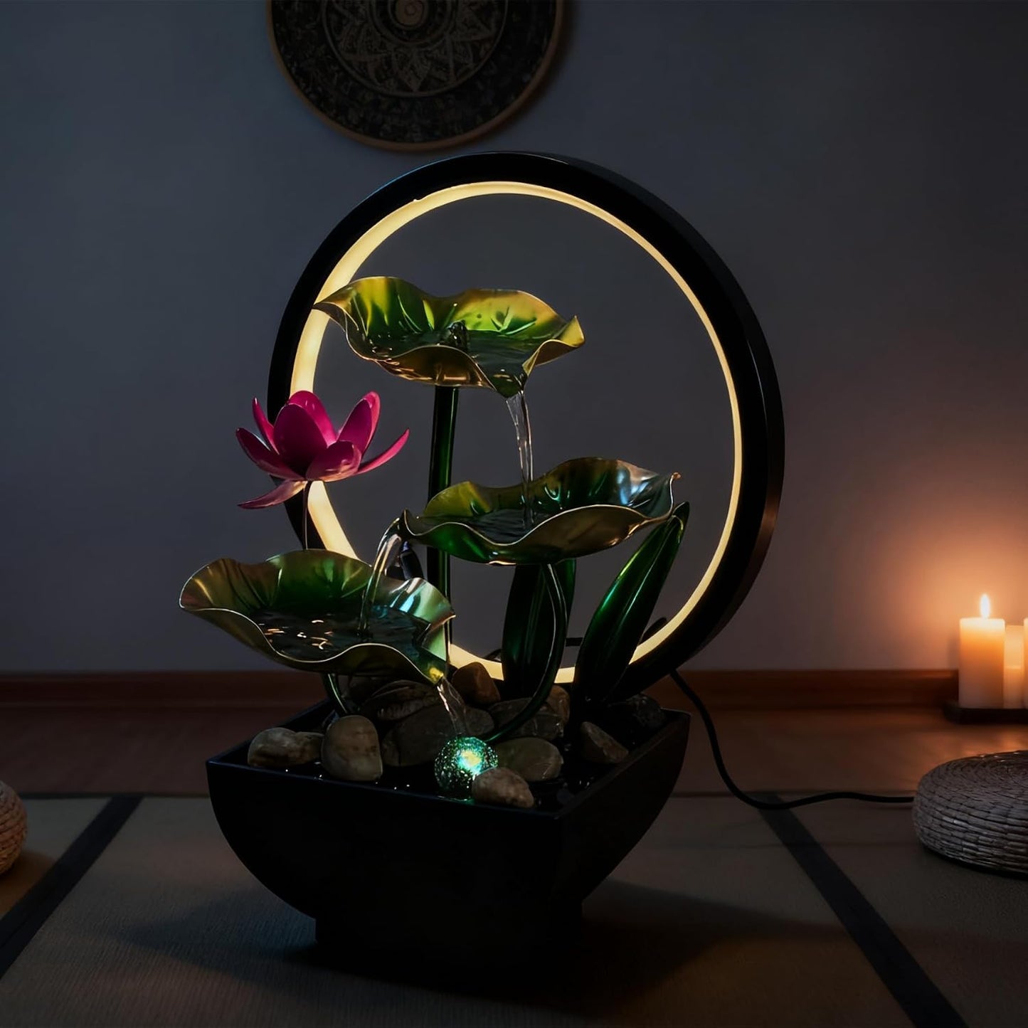 AOZITA Tabletop Fountain, Indoor Waterfall Fountain, Small Home Décor Zen Relaxation Soothing Sound Machine for Office, Living Room, or Bedroom,Blue Metal Lotus with Bud, River Rocks,Round LED