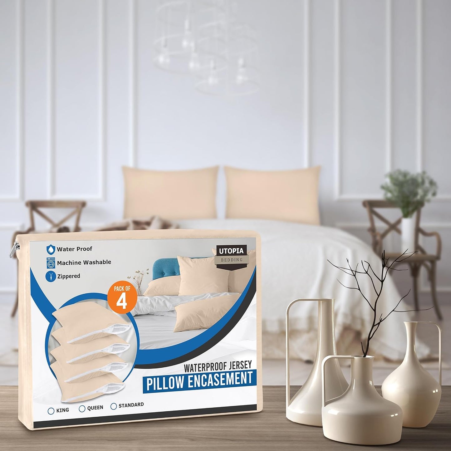 Utopia Bedding Premium 100% Waterproof Pillow Protectors with Zipper Standard Size (Set of 4), Bed Bug and Dust Mite Proof Zippered Pillow Covers, Pillow Encasement Cases, Gray