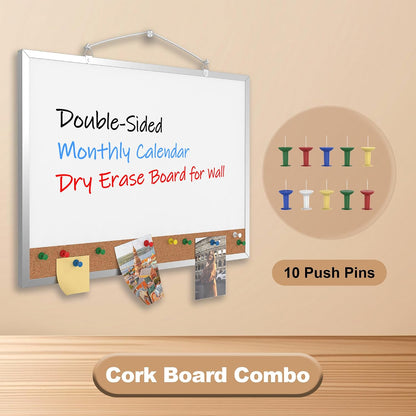Monthly Calendar Dry Erase Board 16x12 Inch, Double-Sided Whiteboard and Corkboard Combo, Wall Mounted Planner Organizer with Markers, Magnets, Push Pins, Eraser, for Home Office School